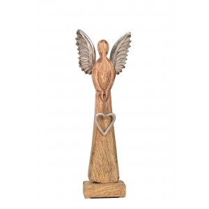 Dřevěný anděl Mango srdce s kovovými křídly 34x12x6 cm