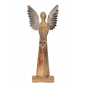 Dřevěný anděl Mango srdce s kovovými křídly 45x17x6 cm