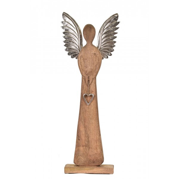 Dřevěný anděl Mango srdce s kovovými křídly 70x23x8 cm
