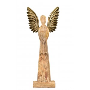 Dřevěný anděl Mango gold srdce s kovovými křídly 45x17x6 cm