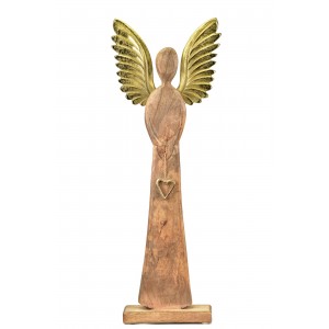 Dřevěný anděl Mango gold s kovovými křídly 70x23x8 cm