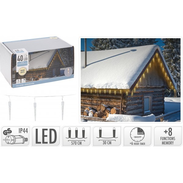 LED osvětlení - 20x rampouch, 40 LED, 570 cm, teplá bílá