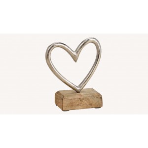 Kovové srdce na dřevěném podstavci 13x11x5 cm