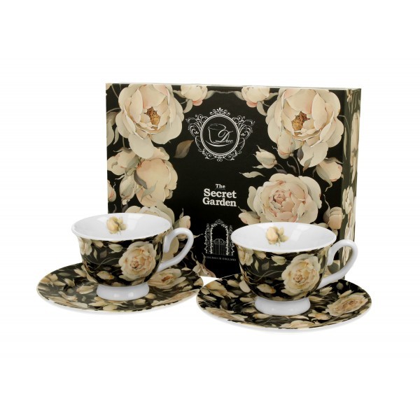 Porcelánový hrnek s podšálkem English Roses Black 100 ml, 2 ks v krabičce