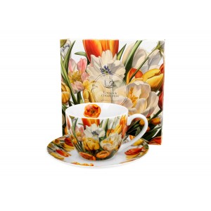 Porcelánový hrnek s podšálkem - tulipány, 250 ml