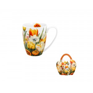 Porcelánový hrnek v košíku - tulipány, 360 ml